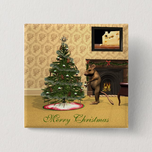 Cute Mouse Decorating a Christmas Tree 15 Cm Square Badge (Front)