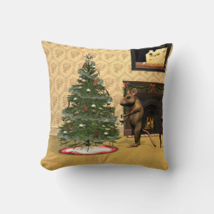 Cute Mouse Decorating a Christmas Tree Cushion