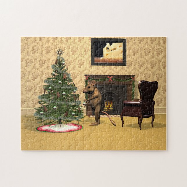 Cute Mouse Decorating a Christmas Tree Jigsaw Puzzle (Horizontal)