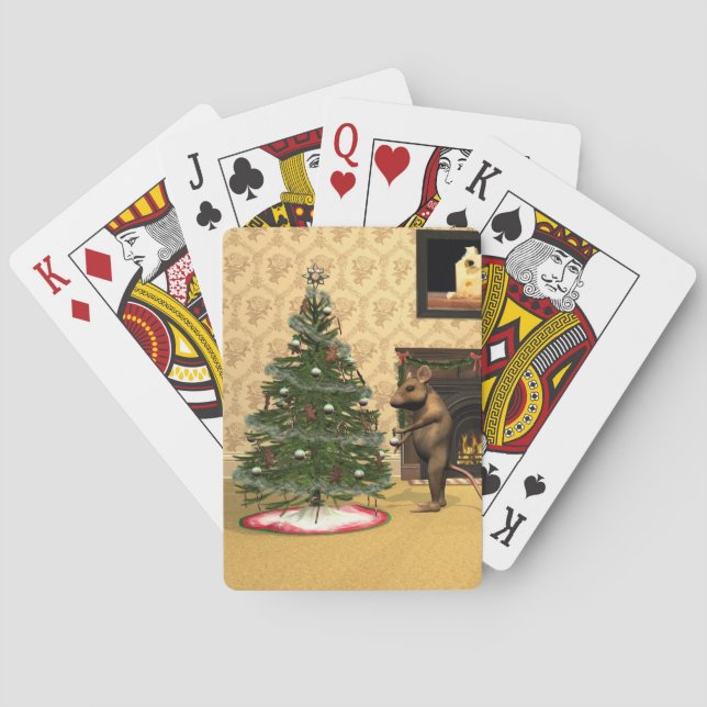 Cute Mouse Decorating a Christmas Tree Playing Cards (Back)