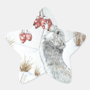 cute mouse eating berries snow scene at christmas star sticker