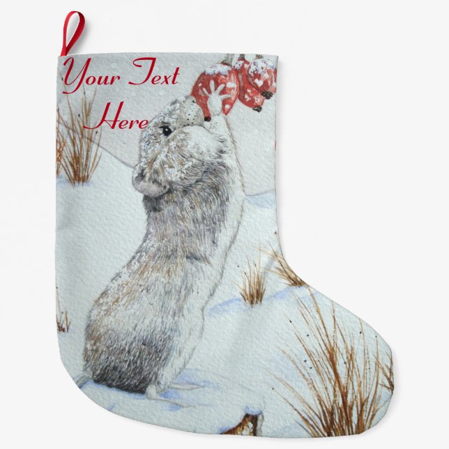 Cute mouse eating berries snow scene wildlife large christmas stocking (Front)