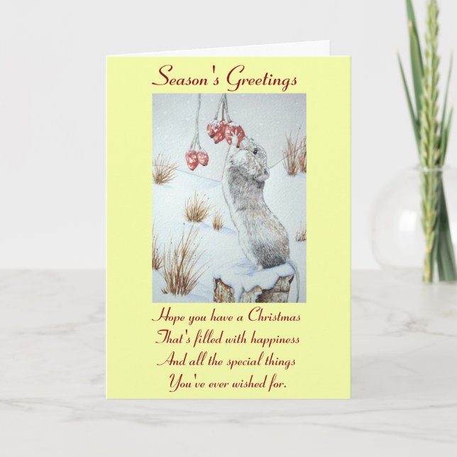 Cute mouse eating berries snow scene with verse holiday card (Front)