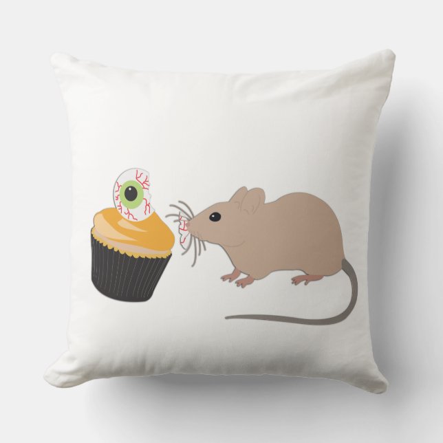 Cute Mouse Eating Halloween Eyeball Cupcake Cushion (Front)