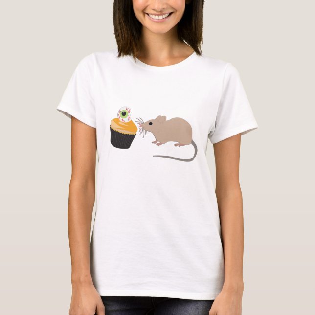 Cute Mouse Eating Halloween Eyeball Cupcake T-Shirt (Front)