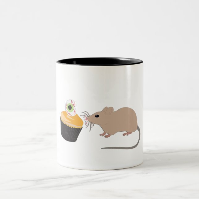 Cute Mouse Eating Halloween Eyeballs Two-Tone Coffee Mug (Center)