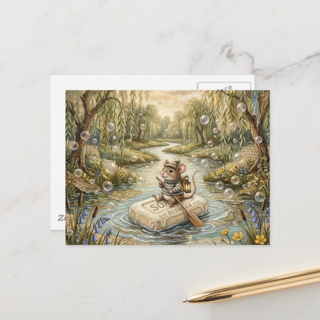 Cute Mouse Floating Down River on Soap Postcard (Front/Back In Situ)