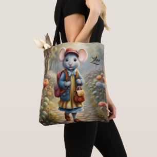 Cute mouse girl on her way to school,personalised tote bag