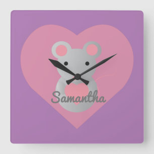 Cute Mouse Holding a Heart. Square Wall Clock