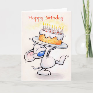 Cute mouse holding big cake, Happy Birthday! Card