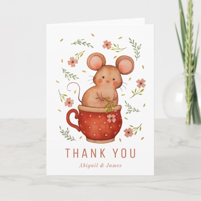 Cute Mouse Illustration Baby Shower Thank You Card (Front)