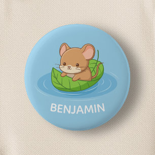 Cute Mouse in a Leaf Boat Blue Custom Name 6 Cm Round Badge