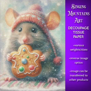 Cute Mouse in Festive Hat With Cookie Decoupage Tissue Paper