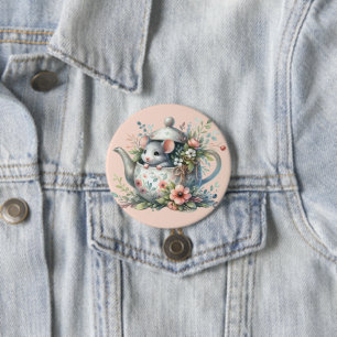 Cute Mouse in Floral Teapot Illustration 7.5 Cm Round Badge