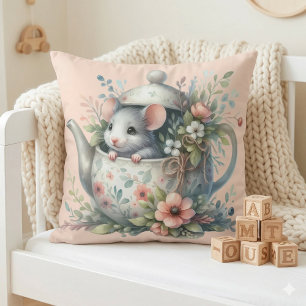 Cute Mouse in Floral Teapot Illustration Cushion