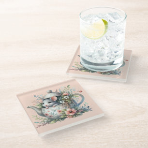 Cute Mouse in Floral Teapot Illustration Glass Coaster