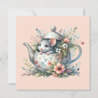 Cute Mouse in Floral Teapot Illustration