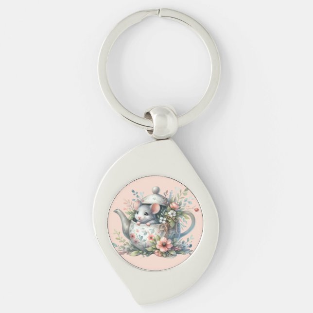 Cute Mouse in Floral Teapot Illustration Key Ring (Front)