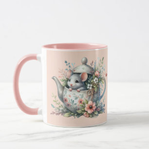 Cute Mouse in Floral Teapot Illustration Mug