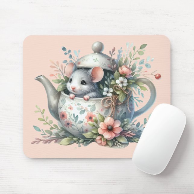 Cute Mouse in Floral Teapot Illustration Pad (With Mouse)