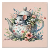 Cute Mouse in Floral Teapot Illustration