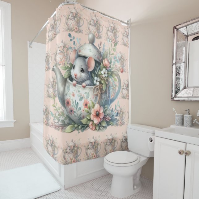 Cute Mouse in Floral Teapot Illustration Shower Curtain (In Situ)
