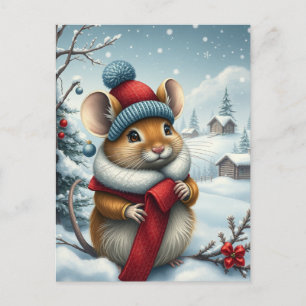 Cute Mouse in Preppy Winter Attire and Hat Winter Holiday Postcard