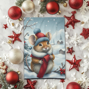 Cute Mouse in Preppy Winter Attire and Hat Winter Tea Towel