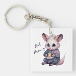 Cute mouse in pyjamas with coffee. Rat and coffee Key Ring