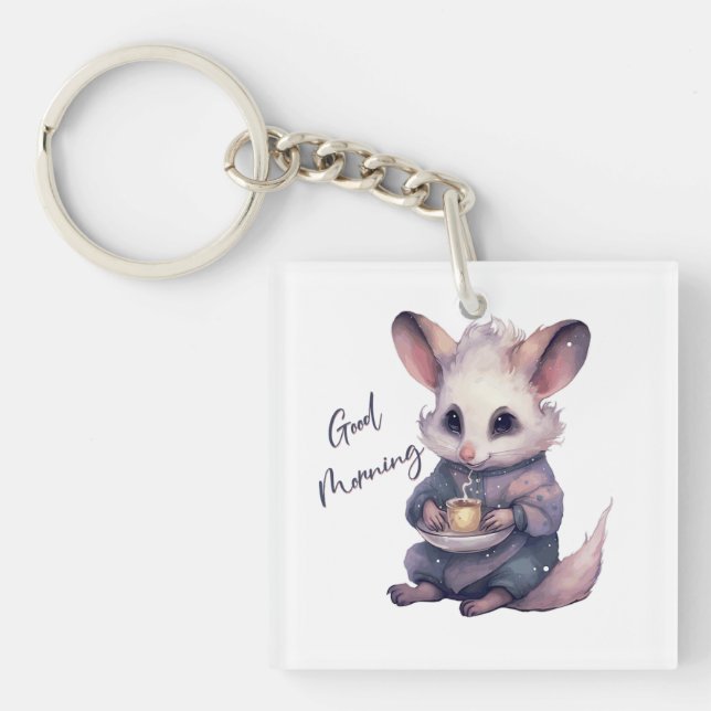 Cute mouse in pyjamas with coffee. Rat and coffee Key Ring (Front)