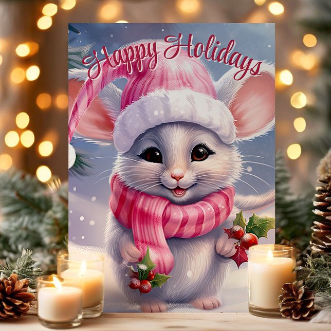 Cute Mouse in Santa Hat Happy Holidays Holiday Card (Creator Uploaded)