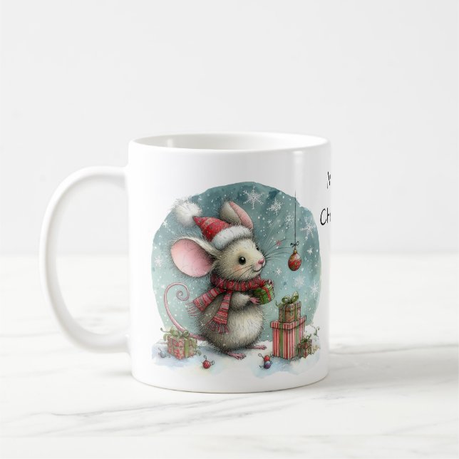 Cute Mouse in Santa Hat with Wrapped Gifts Coffee Mug (Left)