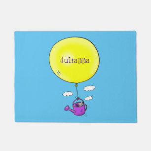 Cute mouse in watering can with balloon cartoon doormat