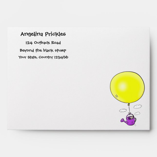 Cute mouse in watering can with balloon cartoon envelope (Front)