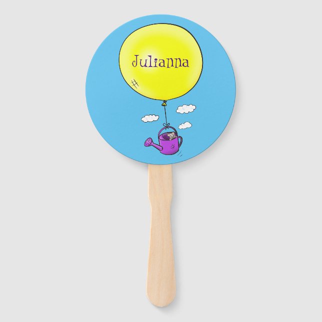 Cute mouse in watering can with balloon cartoon hand fan (Front)
