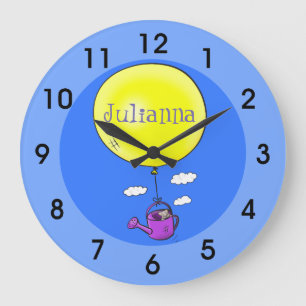 Cute mouse in watering can with balloon cartoon large clock