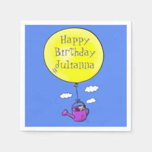Cute mouse in watering can with balloon cartoon napkin