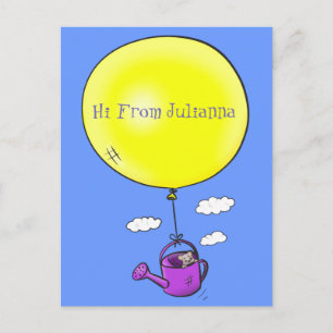 Cute mouse in watering can with balloon cartoon postcard