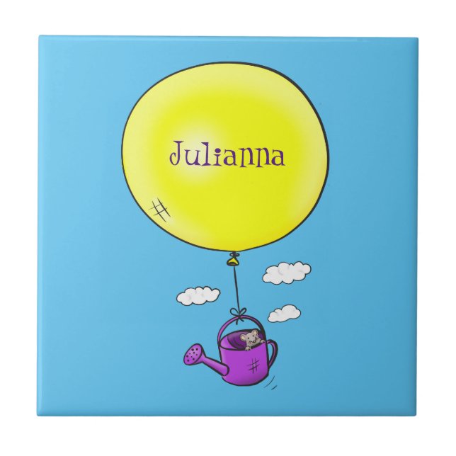 Cute mouse in watering can with balloon cartoon tile (Front)