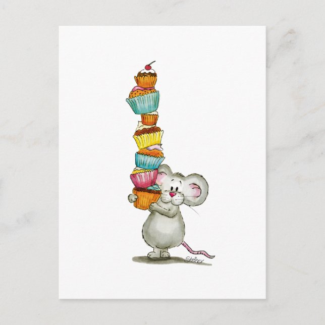Cute Mouse is carrying Cupcakes - by Gerda Steiner Postcard (Front)