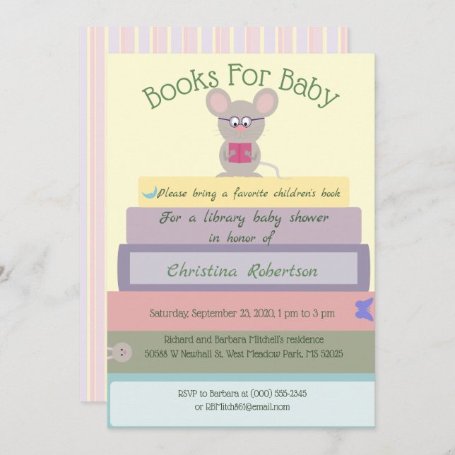 Cute Mouse Library Baby Shower In Pinks Invitation (Front/Back)