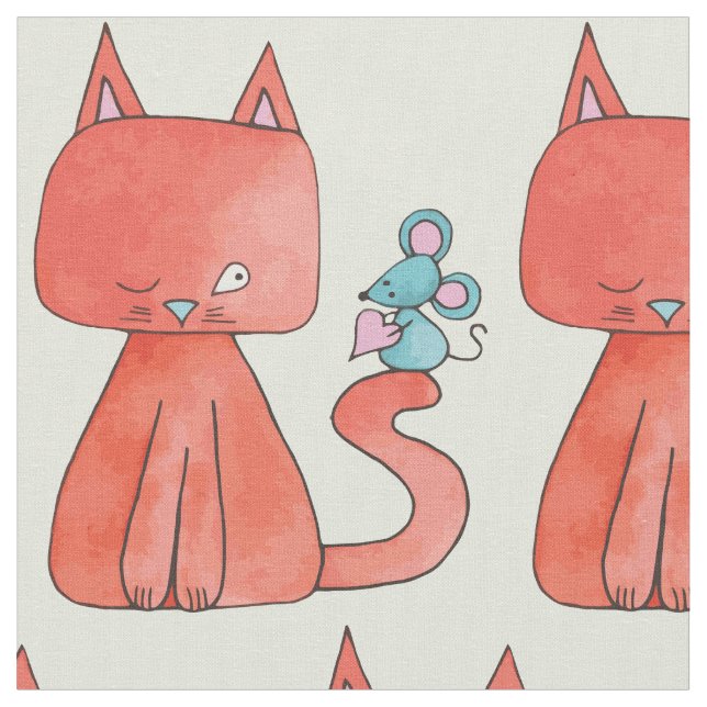 Cute Mouse Loves Kitty Cat Fabric (Close Up)