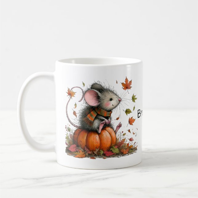 Cute Mouse on a Pumpkin Autumn Aesthetic Coffee Mug (Left)