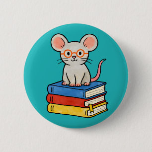 Cute Mouse on Books Stack 6 Cm Round Badge