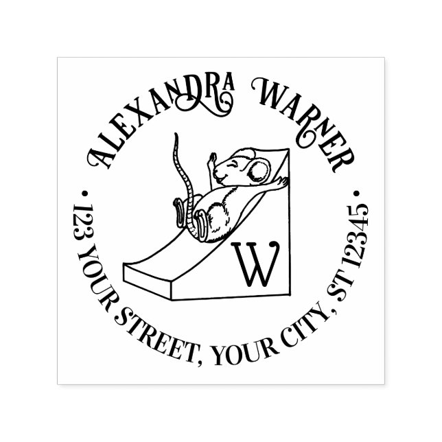 Cute Mouse on Cheese Slide Name Address Initial Self-inking Stamp (Design)