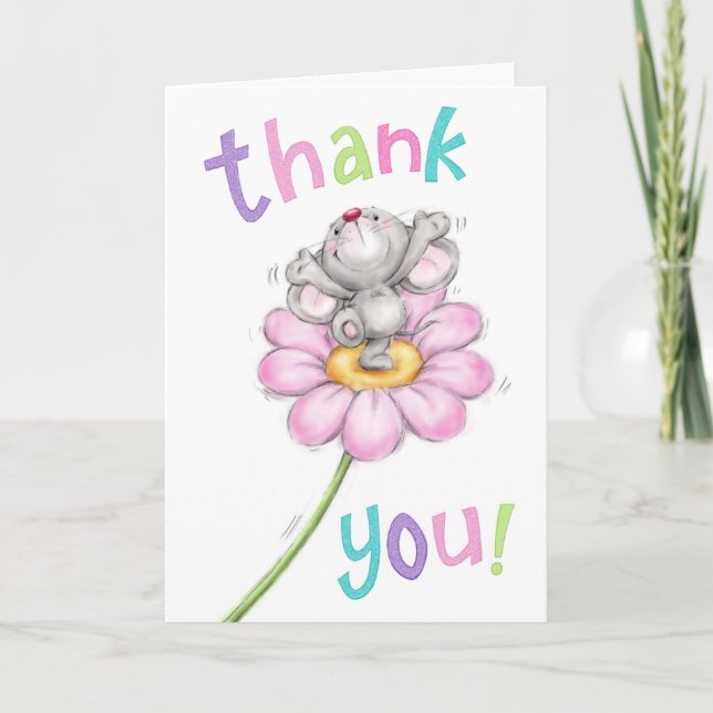 Cute Mouse on Flower, Thank You! Card (Front)