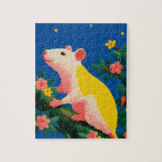 Cute Mouse on Flowering Branch with Fireflies Jigsaw Puzzle