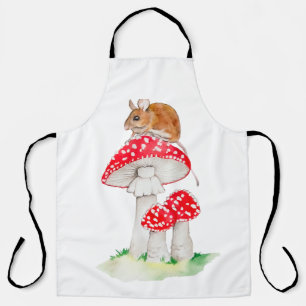Cute mouse on fly agaric watercolor apron