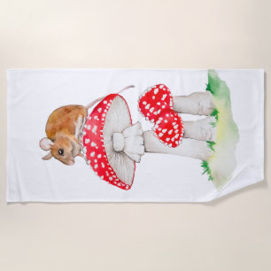 Cute mouse on fly agaric watercolor beach towel