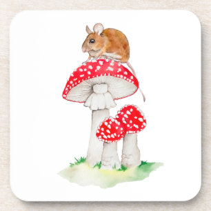 Cute mouse on fly agaric watercolor coaster